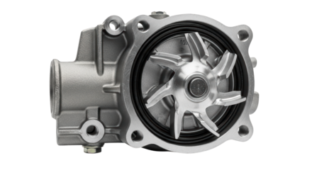 Automotive water pump component for engine cooling system, showing impeller and housing detail, isolated on a transparent background PNG (पानी पंप)