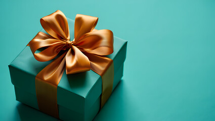 A beautifully wrapped teal gift box adorned with a shiny golden bow on a complementary background
