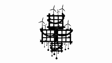 Abstract silhouette of a chandelier with wind turbines, symbolizing renewable energy and environmental innovation.