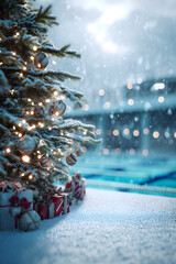 Christmas tree closeup with gifts on snowy ground of a swimming pool with in the background, with lane dividers visible. Concept of resting swimming sport during Christmas time.