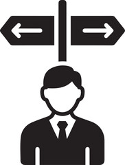 Black and white icon of a person in a suit standing at a crossroads with directional signs pointing left and right