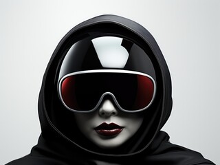 Futuristic female portrait with reflective visor and black hood