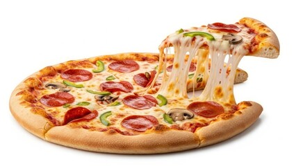 Close-up of an appetizing slice of hot pepperoni pizza with stringy melted cheese and a golden crust. AI generated.