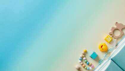 Rainbow Gradient Background with Baby Toys &ndash; Playful Flat Lay for Apps & Cards
