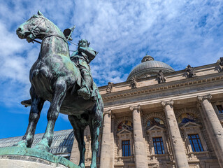 The Bavarian State Chancellery in Munich and an equestrian statue of Otto I