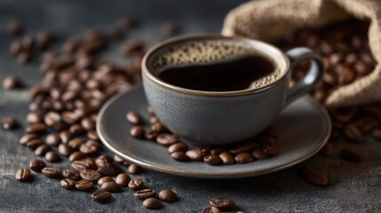 Fototapeta premium A cup of coffee rests on a small plate with dark roasted coffee beans spread around it. The background is dark adding to the inviting feel of the scene perfect for coffee lovers.