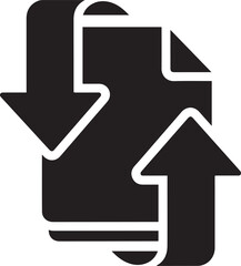 Black icon of two documents with up and down arrows indicating data transfer or file exchange upload