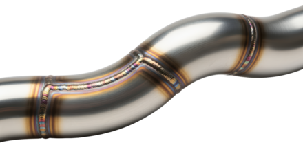 Weld-detailed stainless steel exhaust pipe section with a smooth curve, isolated on a transparent background PNG for auto parts (वेल्डेड पाइप)