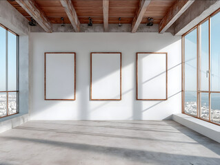 mockup photo of 3 rectangular a3 sized framed empty white posters scattered in a modern minimalist apartment shot updown at angle