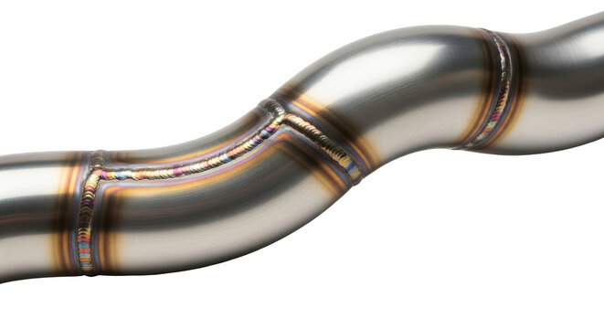 Weld-detailed stainless steel exhaust pipe section with a smooth curve, isolated on a transparent background PNG for auto parts (वेल्डेड पाइप)