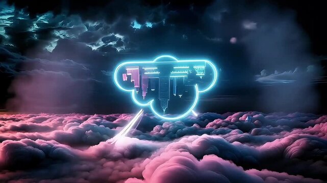 Glowing cloud icon with streaked motion effects, symbolizing ultra-fast cloud data transfer, high-speed networking and digital communication systems.
