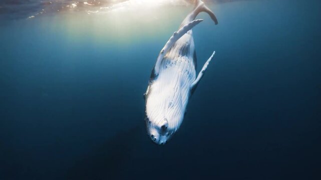 Underwater View of a Humpback Whale Diving into the Dep Blue Ocean