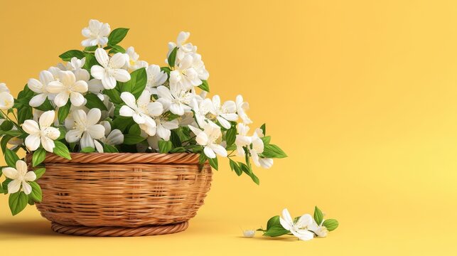 A woven basket filled with white flowers sits on a yellow background. Some flowers lie on the surface next to the basket. This setup offers a cheerful scene.