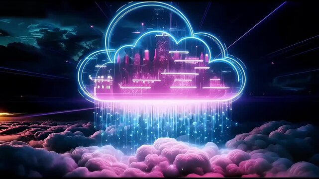 Glowing cloud icon with streaked motion effects, symbolizing ultra-fast cloud data transfer, high-speed networking and digital communication systems.
