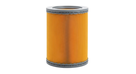 Large orange car air filter or oil filter element, showing pleats and material, isolated on a transparent background PNG (ऑटो फिल्टर)