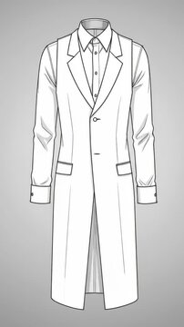 A detailed fashion illustration shows a men's formal coat. This technical drawing features a long coat over a collared shirt.