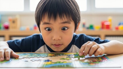 Surprised Asian boy playing with a jigsaw puzzle. Cute child with wide eyes holding a piece in kindergarten. Early education and learning concept