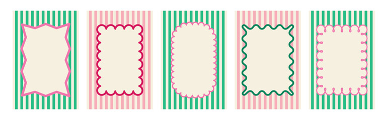 Set of hand drawn trendy blank frames. Summer colored text box, tag. Empty speech bubbles on striped background. Isolated Flat Vector Illustration EPS10	