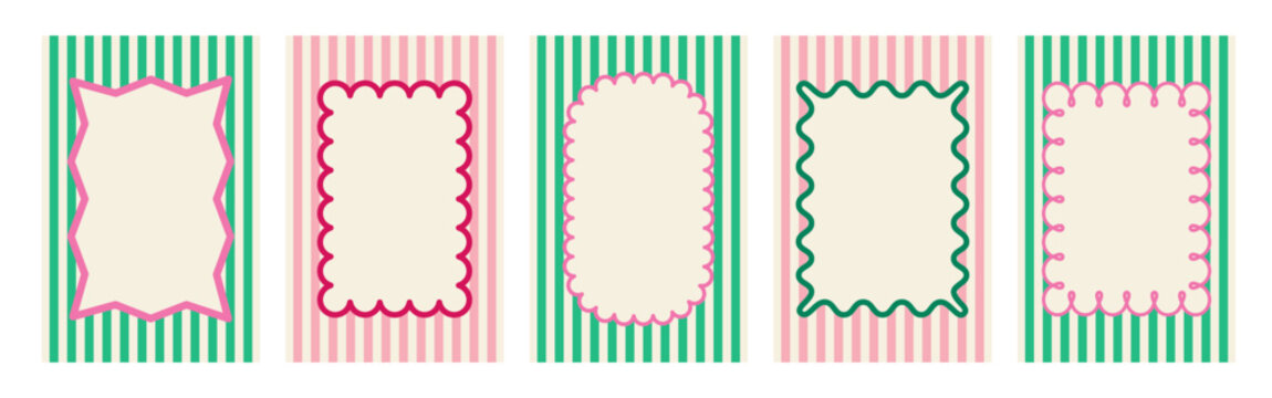 Set of hand drawn trendy blank frames. Summer colored text box, tag. Empty speech bubbles on striped background. Isolated Flat Vector Illustration EPS10	