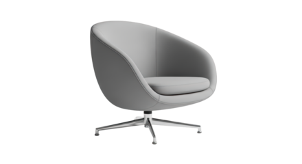 Modern dark grey swivel armchair with a low back and metallic base, isolated on a transparent background PNG (स्विग्ल आर्मचेयर)
