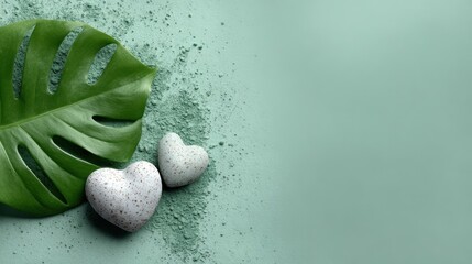 Valentine&rsquo;s Day botanic love templates.   Monstera leaves, blooming hearts, watercolor splashes, sage green background. Eco-friendly flyer