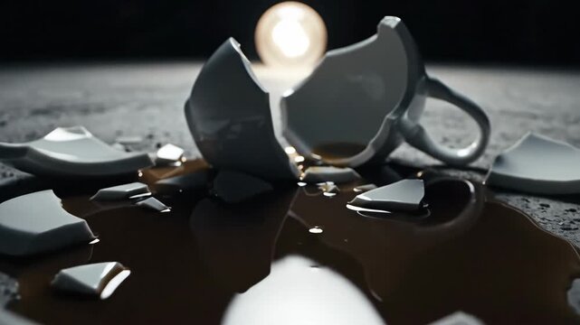 Broken white ceramic cup with spilled coffee on a dark textured floor. Shattered mug pieces and liquid puddle in dramatic lighting with a light bulb in the background. Concept of accident or failure