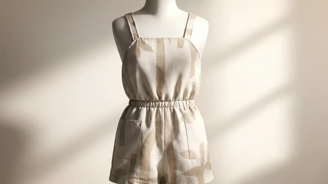 A line drawing of a romper transforms into a patterned garment. The stylish summer outfit is displayed on a mannequin with soft lighting.