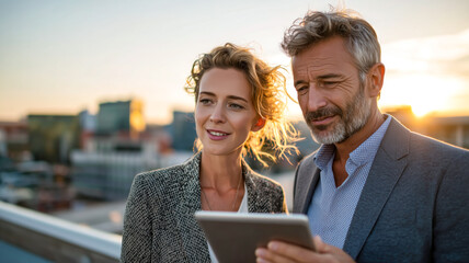 Two professionals collaborate on a high-rise rooftop with a tablet during a vibrant sunset, blending technology and success.