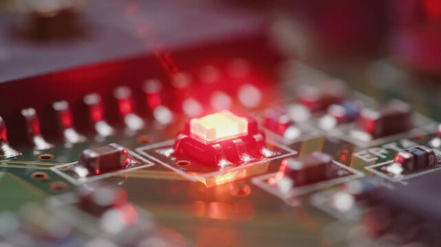 Extreme close-up macro of red LED light turning on on electronic circuit board