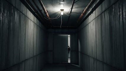 Eerie, dimly lit underground corridor with a single glowing bulb and an ominous partially open door