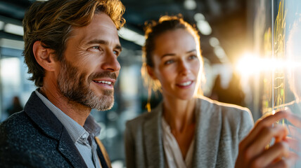 Two professionals collaborate closely, discussing strategic plans and innovative ideas in a bright, modern office environment.  