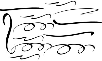 Collection of hand-drawn ink brush strokes and swirls decorative elements for design projects isolated on white background