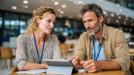 Focused colleagues collaborate on a tablet, discussing project details and progress in a modern office setting, fostering teamwork and efficiency.
