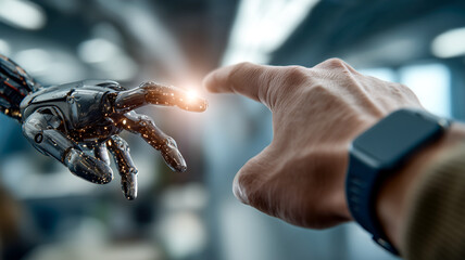 A human hand reaches out, nearly touching the fingertip of a futuristic metallic robot hand, creating a sense of connection and innovation.