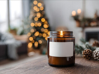 amber glass candle with blank white label on walnut cabinet glowing fairy lights in background with Christmas tree and a family gathered together cozy atmosphere with