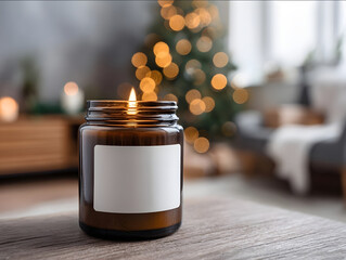 amber glass candle with blank white label on walnut cabinet glowing fairy lights in background with Christmas tree and a family gathered together cozy atmosphere with