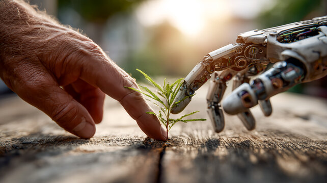 Human and robotic hands meet over a small plant, symbolizing technology, nature, growth and collaboration. A new age of tech.