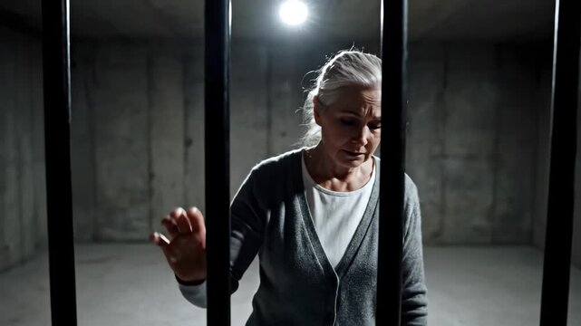 A sad elderly woman is trapped behind bars in a dark prison cell. A senior prisoner looks at the camera with an expression of despair and hopelessness. Confinement and loneliness concept