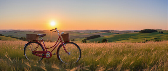 beautiful landscape image with Bicycle at sunset