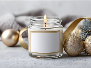 9oz clear glass jar candle with empty white label burning on matte beige background with gold Christmas ornaments ribbon and pine needles minimalist luxury branding s