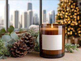 amber glass candle with blank white label on walnut cabinet pinecones eucalyptus and Christmas garland glowing fairy lights in background with Christmas tree and a fa