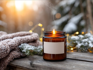 9az amber glass candle with empty white label glowing on a rustic wooden porch table surrounded by snowdusted pine branches a knitted scarf and fairy lights soft gold