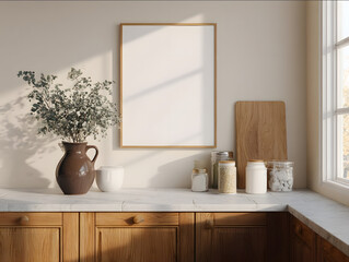 A2 white frame mockup hanged on a kitchen wall viewed from a high angle above eye level camera slightly tilted downward cozy Midcentury modern kitchen environment sof