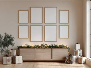 six thin oak wooden frames four A2 and two A4 sized with blank white posters arranged symmetrically in two rows of three on a beige wall above a modern console each wi