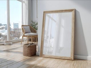 A4 poster frame mockup on a modern scandinavian interior living room wall 34 angle perspective slightly sideviewed depth natural sunlight soft shadows realistic lens