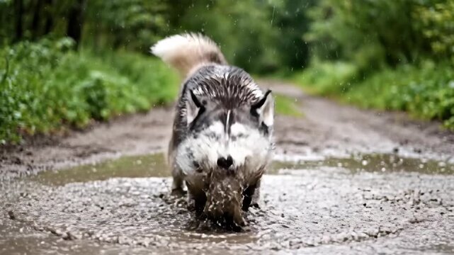 A happy siberian husky dog playing and splashing in a muddy puddle. A wet canine with blue eyes has fun in the water on a dirt road. Playful animal action in slow motion