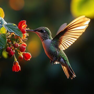 Hummingbird with backlit wings drinks from a cluster of red flowers flying feeding photo