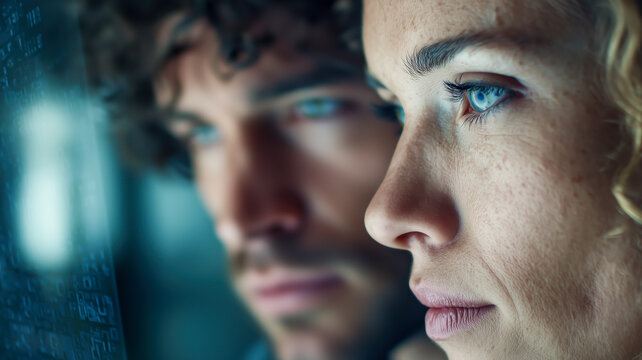 Focused individuals stare intently at a digital display, their expressions mirroring the intensity of the information they process. - Powered by Adobe