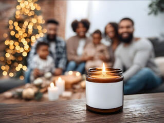 amber glass candle with blank white label on walnut cabinet glowing fairy lights in background with Christmas tree and a family gathered together cozy atmosphere with