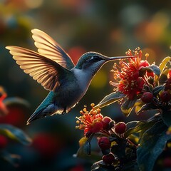 Obraz premium Hummingbird with iridescent green feathers drinks from a red flower in soft light photo